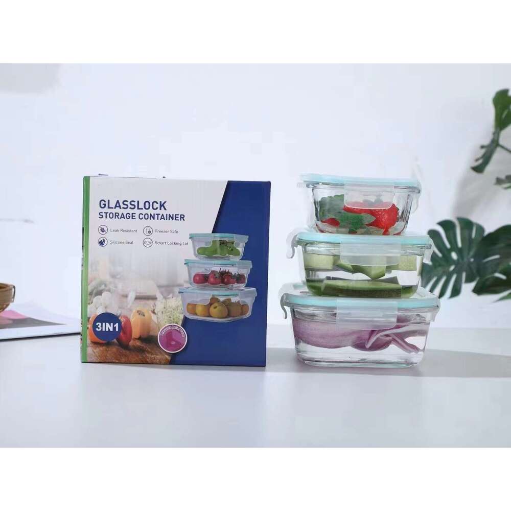 A set of glass lunch boxes that can be heated in microwave have dedicated paron lid for office workers. They come with food box and a fresh-keeping be