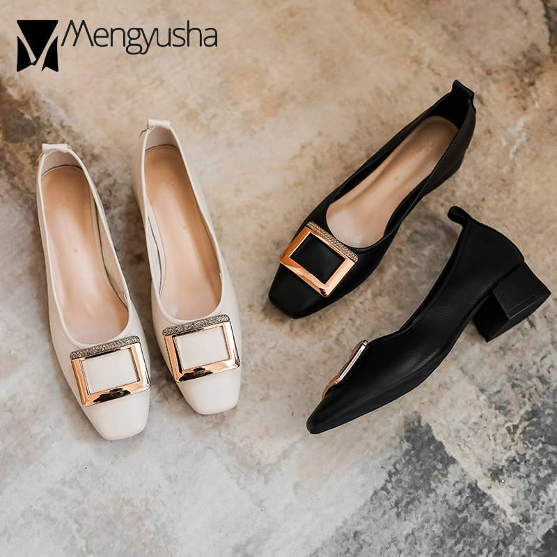 e1692 Soft Leather 2024 Pumps Woman 3CM Med-High Heels Shoes OL Dress Office Loafers Chunky Heel Mary Jeans Buckle Wedding Brides Shoe