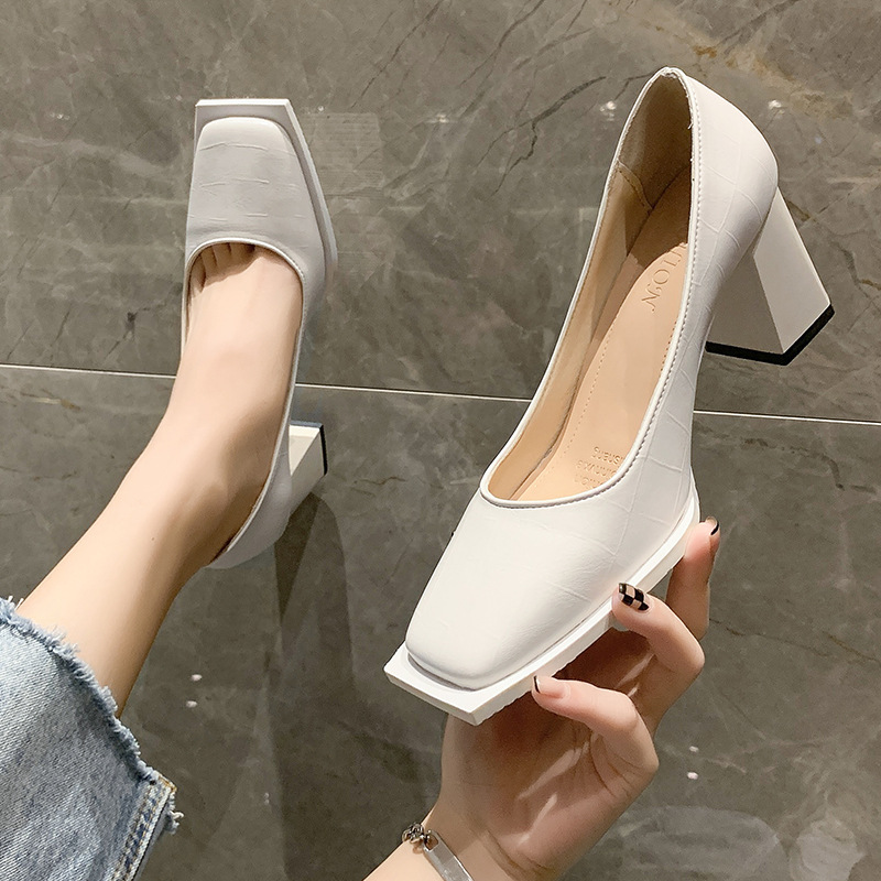 stone leather pattern designer 3a87e high heels women square toe shallow mouth white pumps 2023 new spring chaussure femme talon