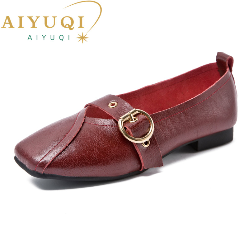AIYUQI Women Shoes Fashion 2024 New Genuine Leather Ladies Flat Shoes Comfortable Square Buckle Large Size Shoes Women