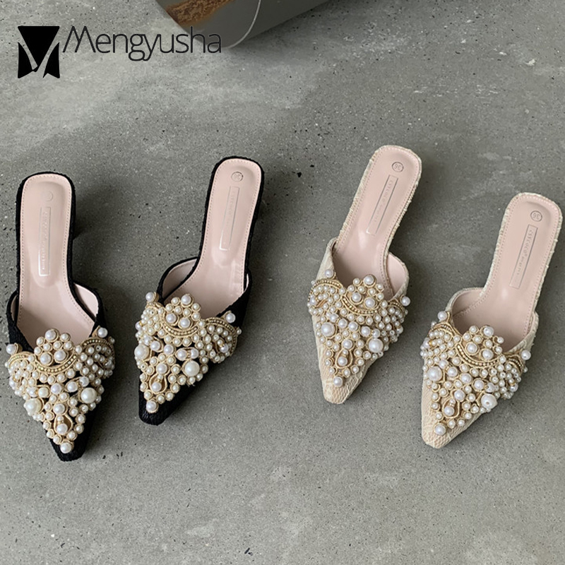 Lace French Cover Toe Slides Woman String Beading Flip Ps Pearl Shoes Ladies Summer Quality Med-High New Heels Mules Travel Slippers