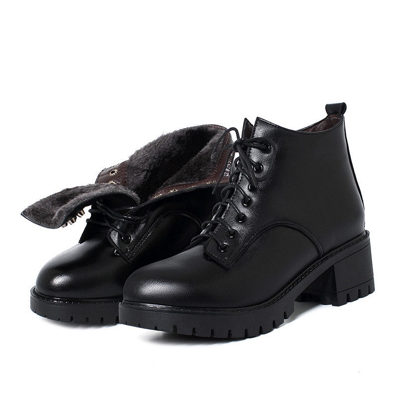 AIYUQI Marton Women Boots Genuine Leather Winter Wool Warm Women Snow Boots British Style Lace Up Chunky Short Boots Women