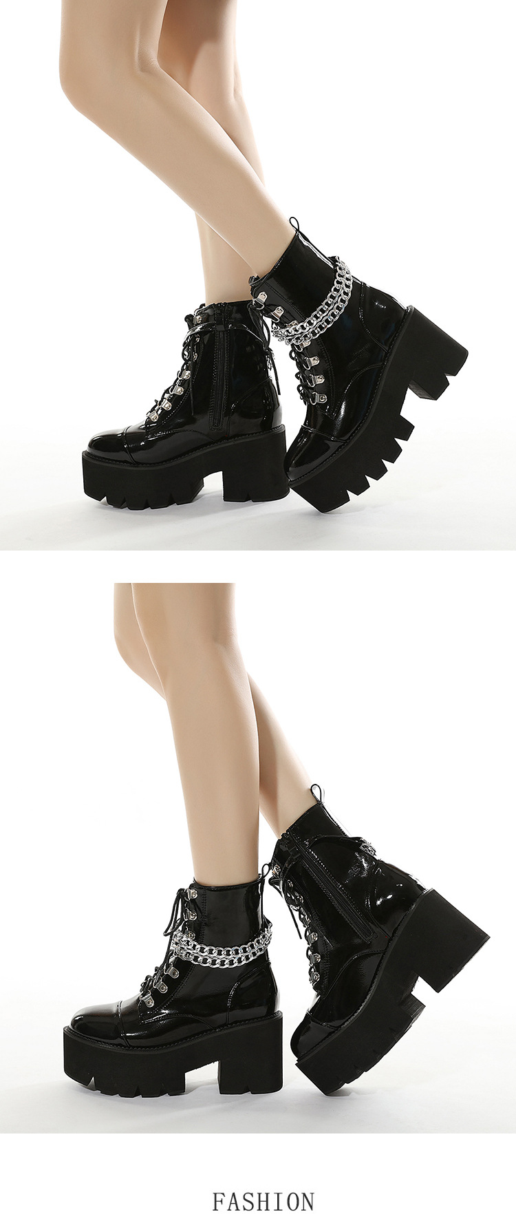 New Sexy Chain Women Leather Autumn Boots Block Heel Gothic Black Punk Style Platform Shoes Female Footwear Patent leather