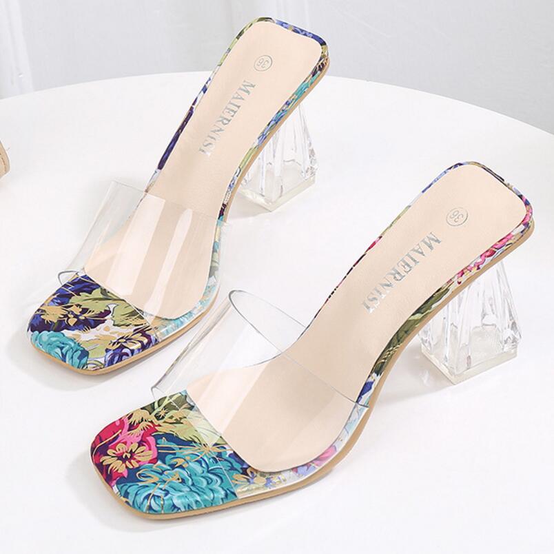 big size 44 45 transparent sandals women flower print clear high heels flip flops sexy ladies perspex heeled sandalias mujer 410