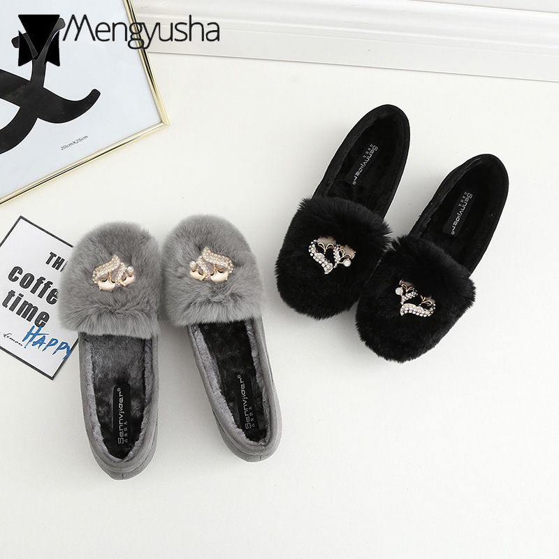 cozy rabbit fur flats 84ee8 rhie buckle plush moccasins 41-43 big size crystal furry loafers women winter cotton shoes ry