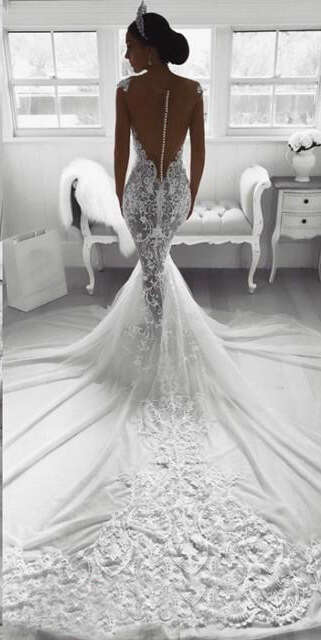 Sheer Mermaid And Buttons Back Long Beach Wedding Gowns Sweep Train Bride Dress Vestido De Novia