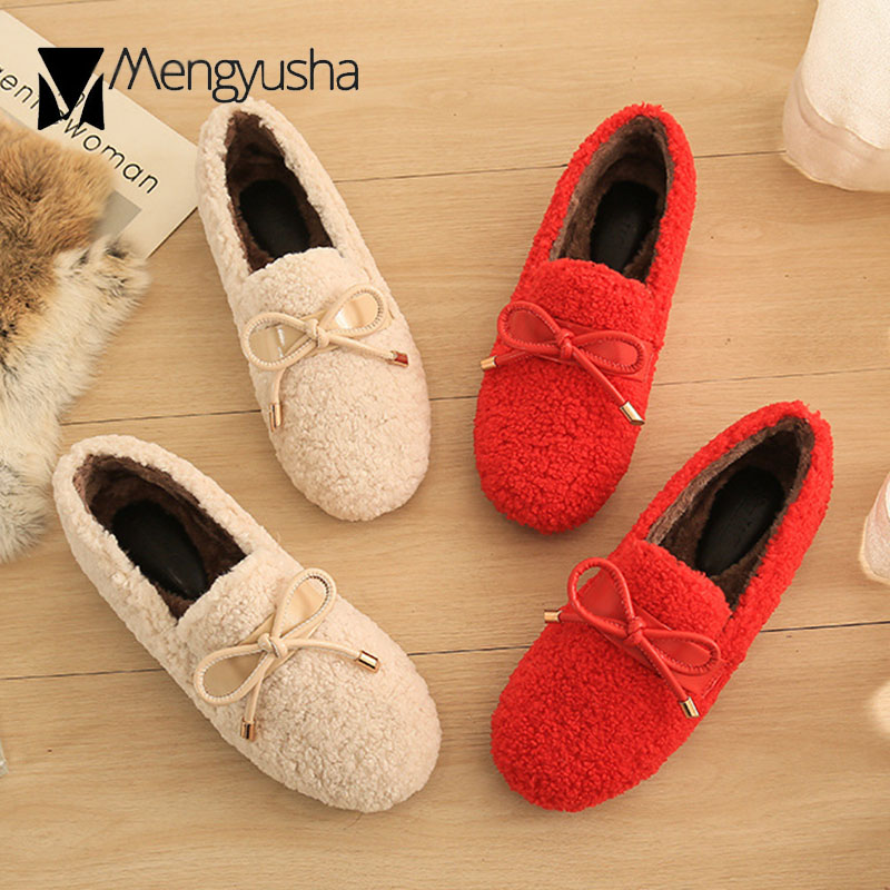 woman cf0c3 plush moccasins Butterfly-Knot fur flats slip on loafers female winter cotton plus size lambswool ballet shoes women cott