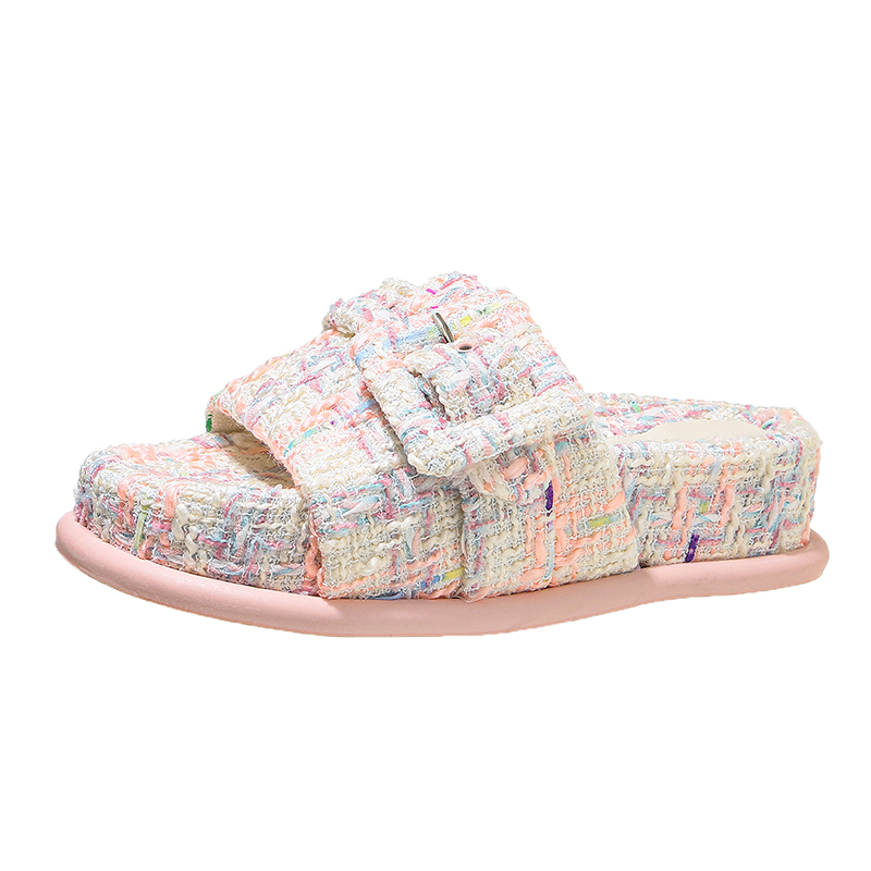 Thicken 2023 Soled Platform Slippers Woman Buckle Band Slides Tweed Cloth Shoes Ladies Muffins Flipps Elevated Sandals Femmes