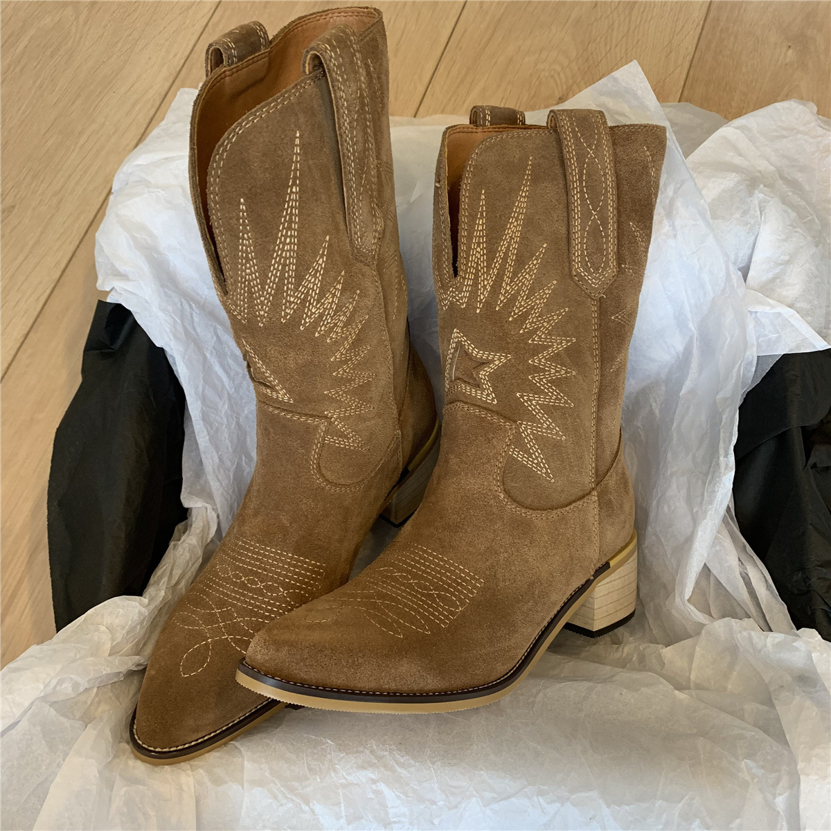 Women's Embroidered Stylish Boots, Pull On Mid-calf Winter Commute Boots, Western Cowboy Comfort Boots fall