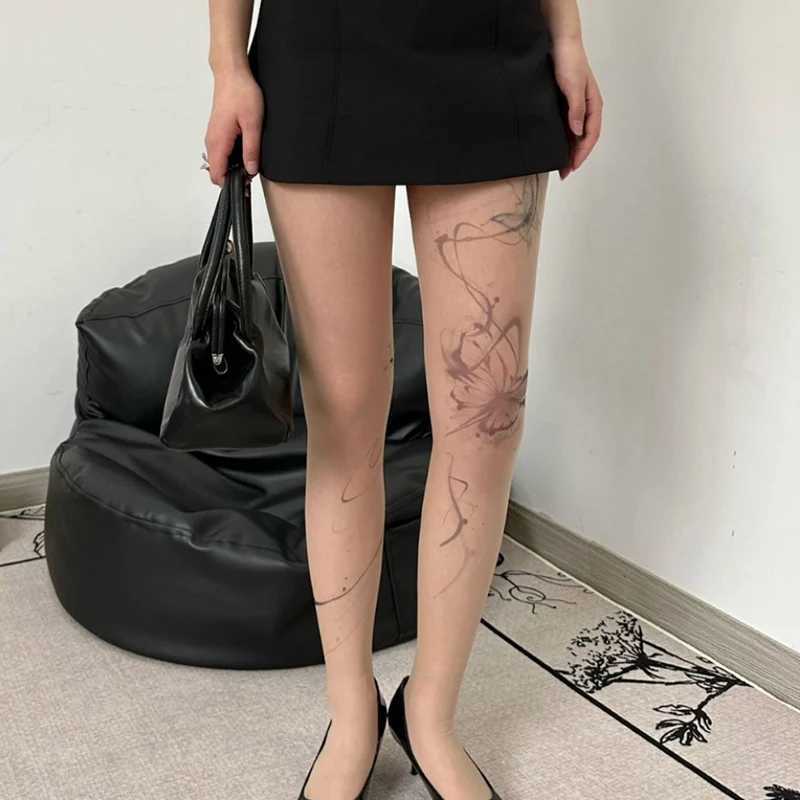 Socks Hosiery New Women Sexy Butterfly Printed Stockings Splash Ink Design Pantyhose Punk Letter Tattoo Tights Lace Tights Party Accessories Y24083307