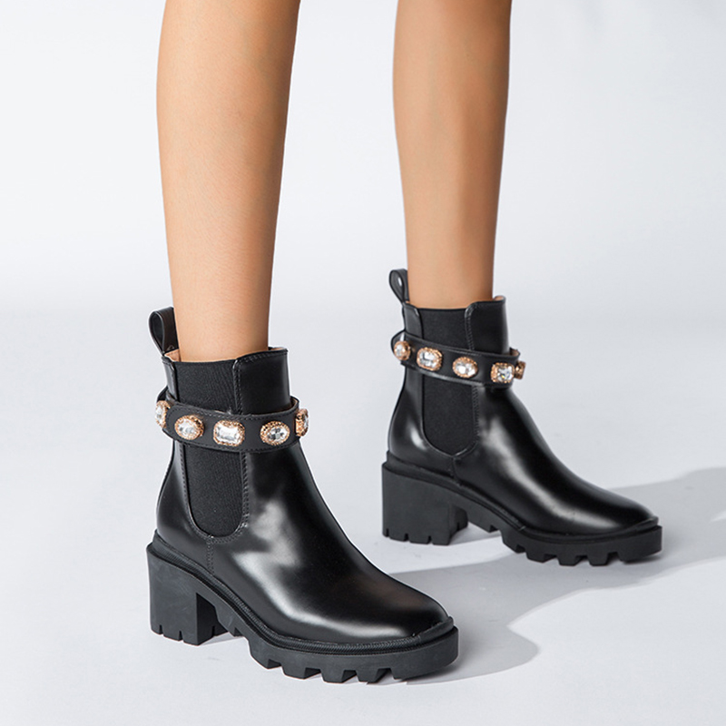 Diamond Riding boots female women shoes elastic band mid-calf knight bottes chunky high heels crystal stretch botas mujer 2021