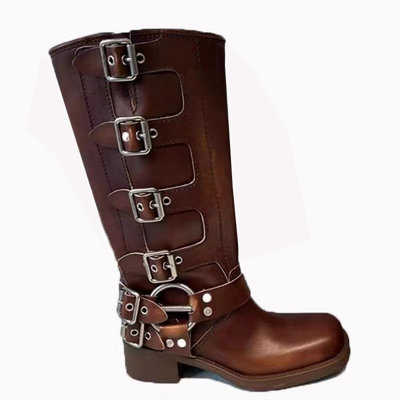 Autum Fashion Spring Women's metal belt buckle Leather Ladies on Ankle Mid Calf Boots Casual Non Slip Platform Shoes 216f N