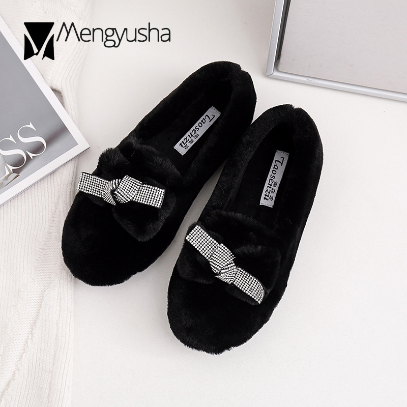 9c338 winter Crystal loafers fur bow-tie slip on moccasins warm round toe flats creepers plush comfort furry cotton shoes women ry cott