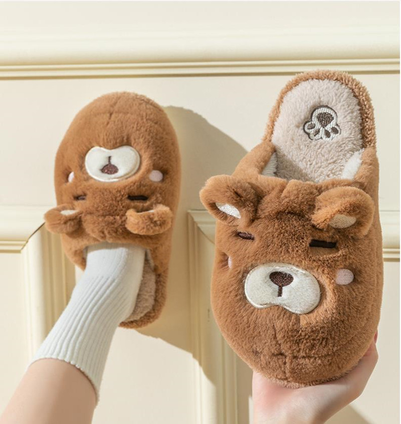 Slippers Cotton Women Men Winter Home Shoes Thick Bottom Non-slip Couples Household Slides Cute Cartoon Bear Warm Plush Slipper