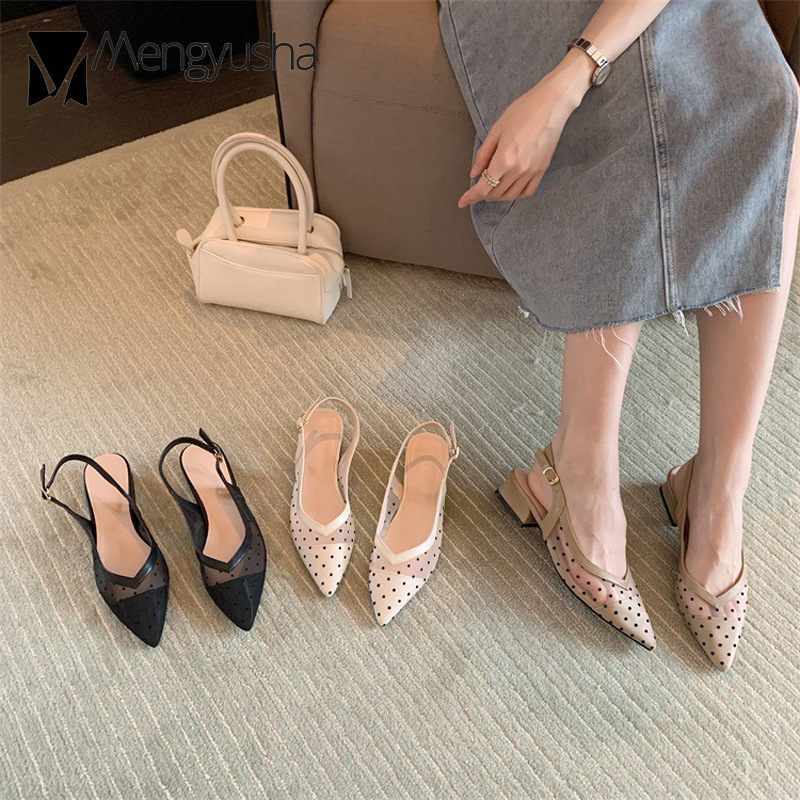 2025 new Woman Classic Shoes Sgback Polka Dot Sandals Mujer Low Heels Lace Sandalias Femme Air Mesh Lolita Flip ps Ladies