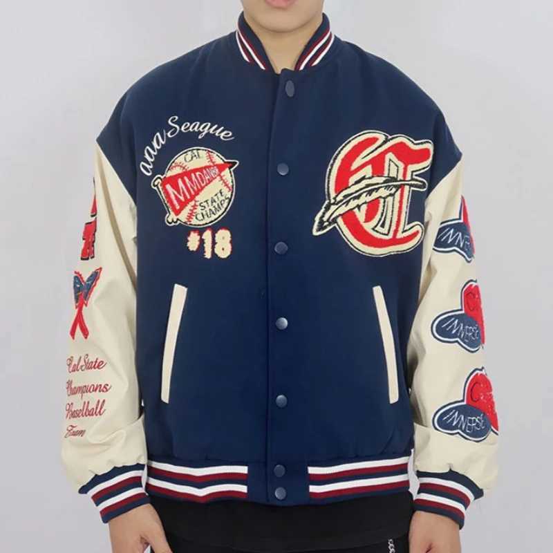 Men's Jackets Strt Flocking Embroidery Jacket Men Women Hip Hop Loose Baseball Jackets Fashion Patchwork Outwear Unisex High Strt 2023 L261016 - view 7