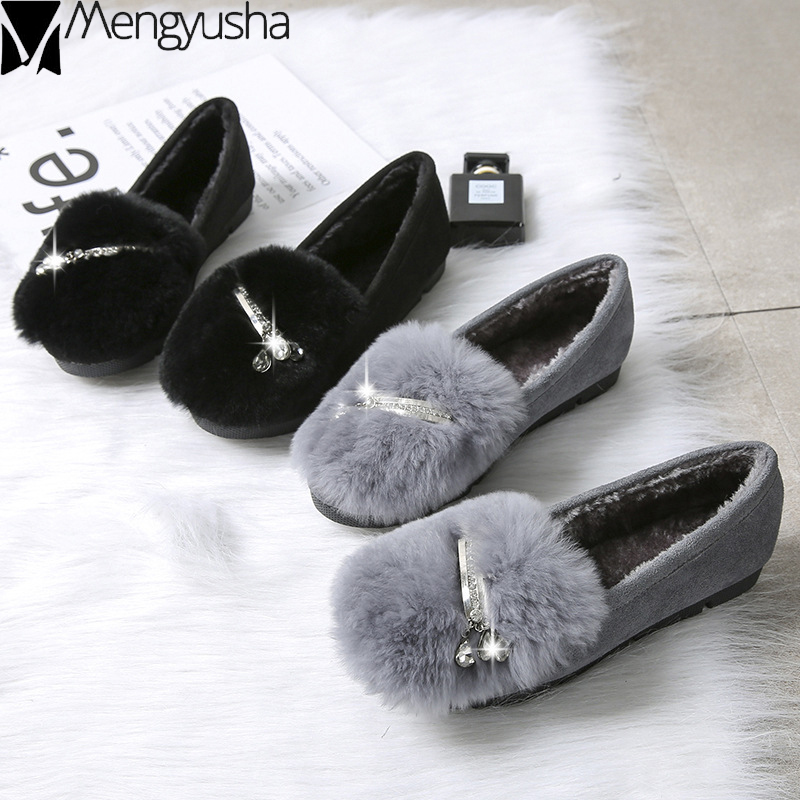 fur rabbit plush Rhie aaa75 shoes winter creepers woman cotton flats glitter crystal comfy loafers solid female metal moccasins