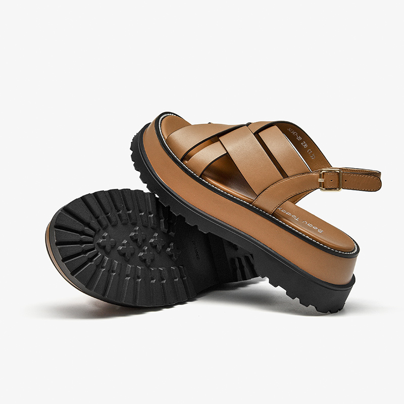 BeauToday Chunky Sandals Gladiator Women Cow Leather Round Toe Weaving Back Strap Summer Beach Female Platform Shoes 32347