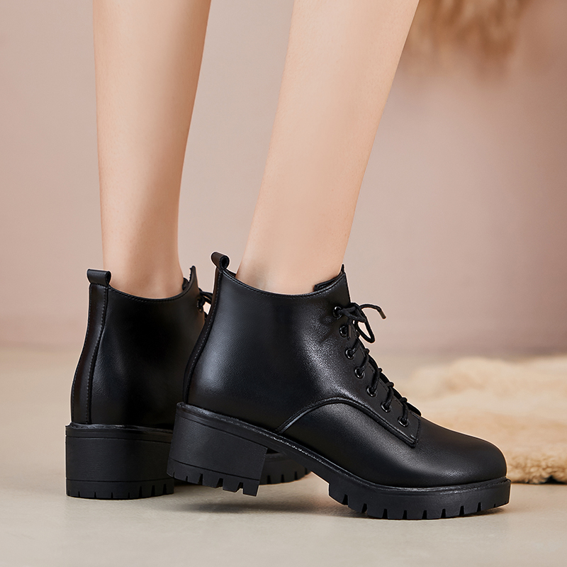 AIYUQI Marton Women Boots Genuine Leather Winter Wool Warm Women Snow Boots British Style Lace Up Chunky Short Boots Women