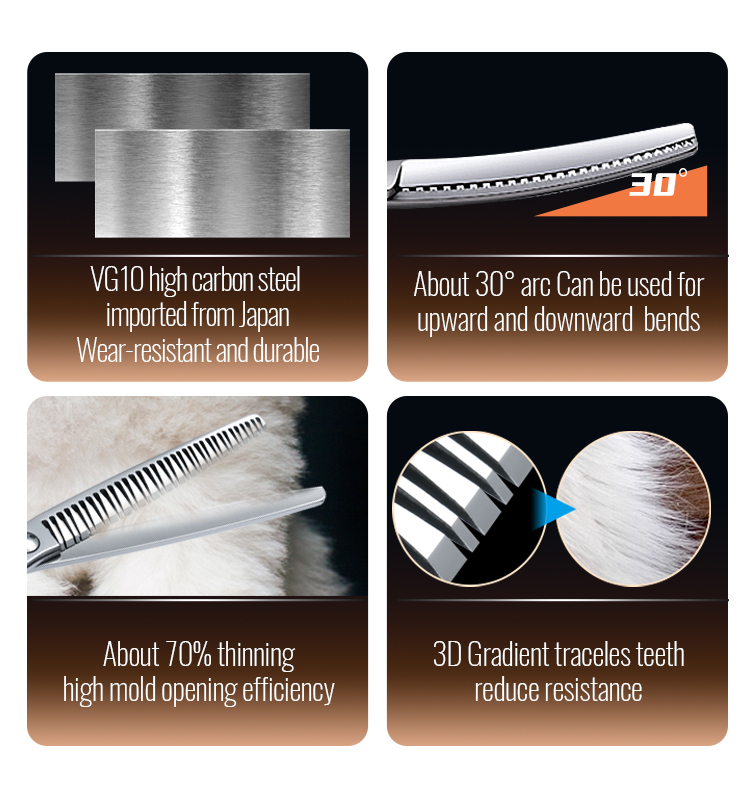 Fenice 7Inch VG10 Steel 3D Gradient Traceless Dog Grooming Straight/UP Curved Chunker Scissors Bearing Screws Pet Scissors 70%