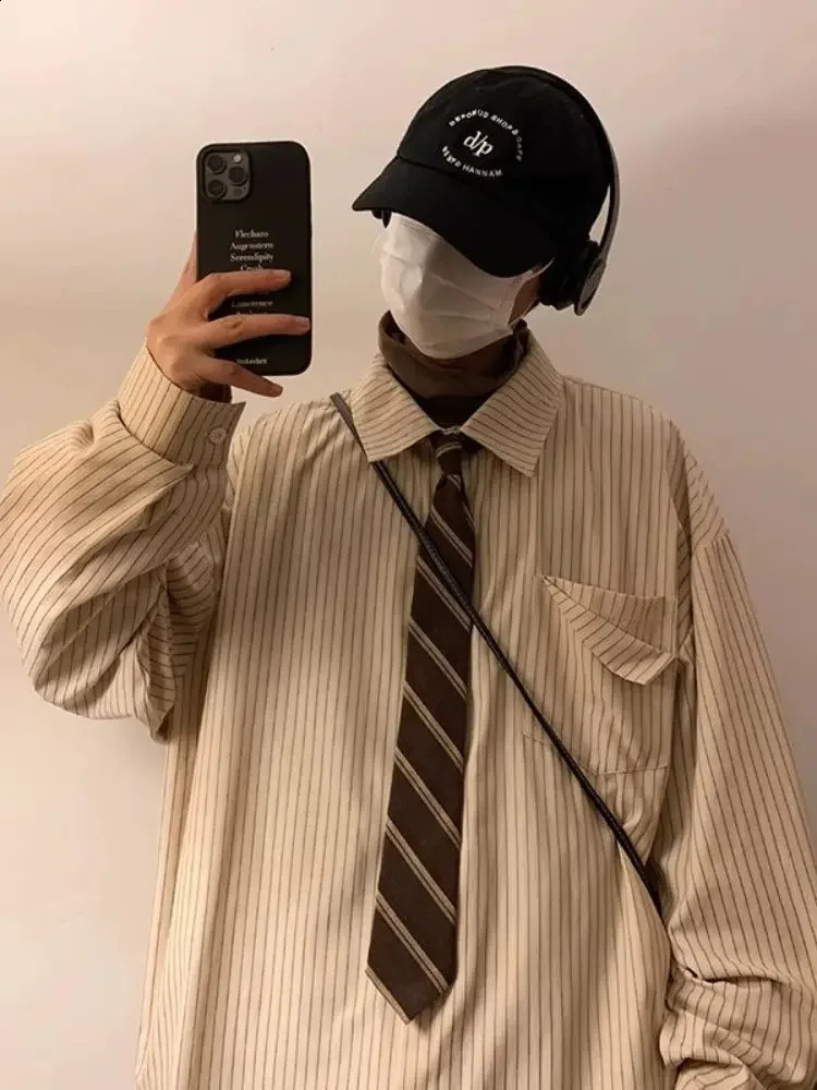 Vintage Khaki Striped Shirt Mens Jacket Autumn City Japanese Style Casual Wear Short Sleeve Loose Fit 240902