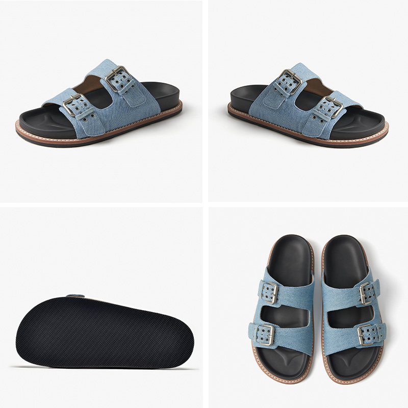 BEAUTODAY Fashion Sandals Women Denim Light Blue Metal Buckle Casual Flats Beach Summer 2023 Ladies Shoes Handmade 34037