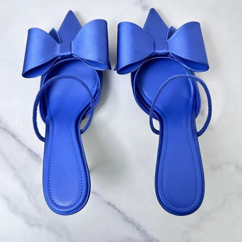 2024 New Blue Women's Sandals Fashion Bow High Heels Sexy Pointed Designer Women's Shoes