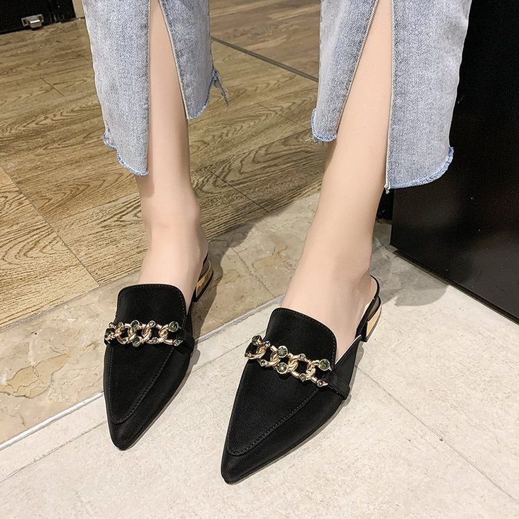 Women Mules Pointed Toe Low Heels Chain Fashion Office Ladies Fashion Pumps Sandals Shoes Autumn PU Office Footwear oiu9drt