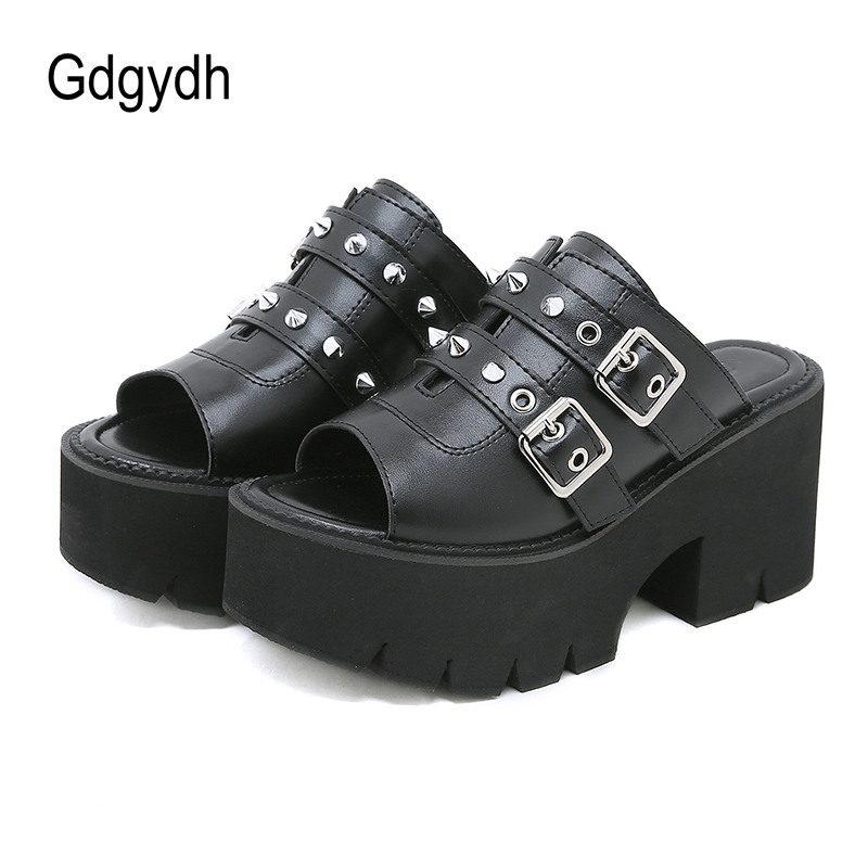High Chunky Heels Sandals for Women Open Toe Heels Cute Slip-on Mule Shoes Slingbacks Belt Buckle Black Leather Plus Size