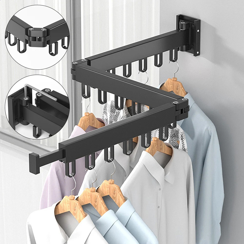Aluminum Retractable Indoor and Outdoor Wall Mount Folding Clothes Hanger Space Saving Cloth Drying Rack 240902