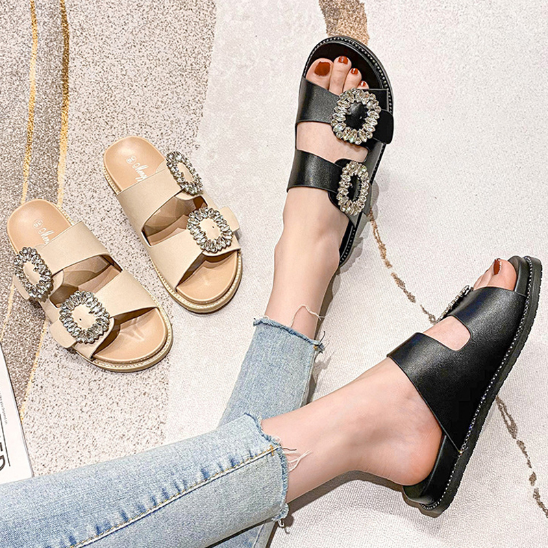 2025 Brand Rhie Buckle Sandals Women Double Band Slippers Crystal Shoes Ladies Casual Slides Slip On Flat Heels 4b48