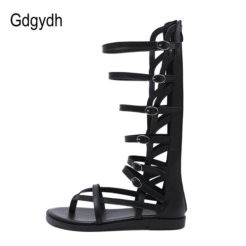Fashion Buckle Gladiator Sandals Women Flat Sandals High Knee Flip Flops Female Summer Shoes With Zipper Black Leather