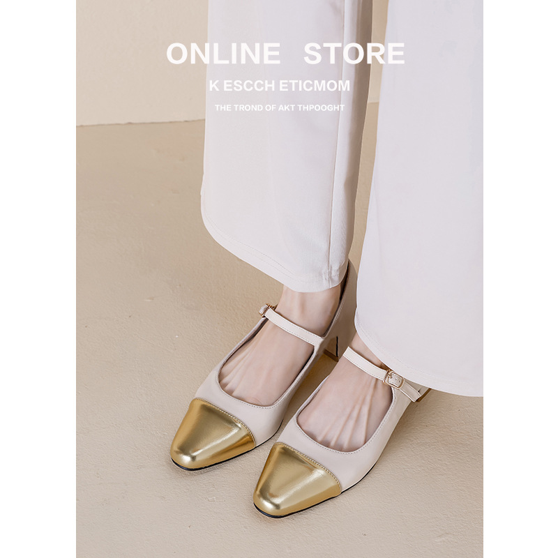 mary 45559 2023 black/gold patchwork janes woman med-high heel belt buckle pumps office ladies dress tacones mujer wedding shoe