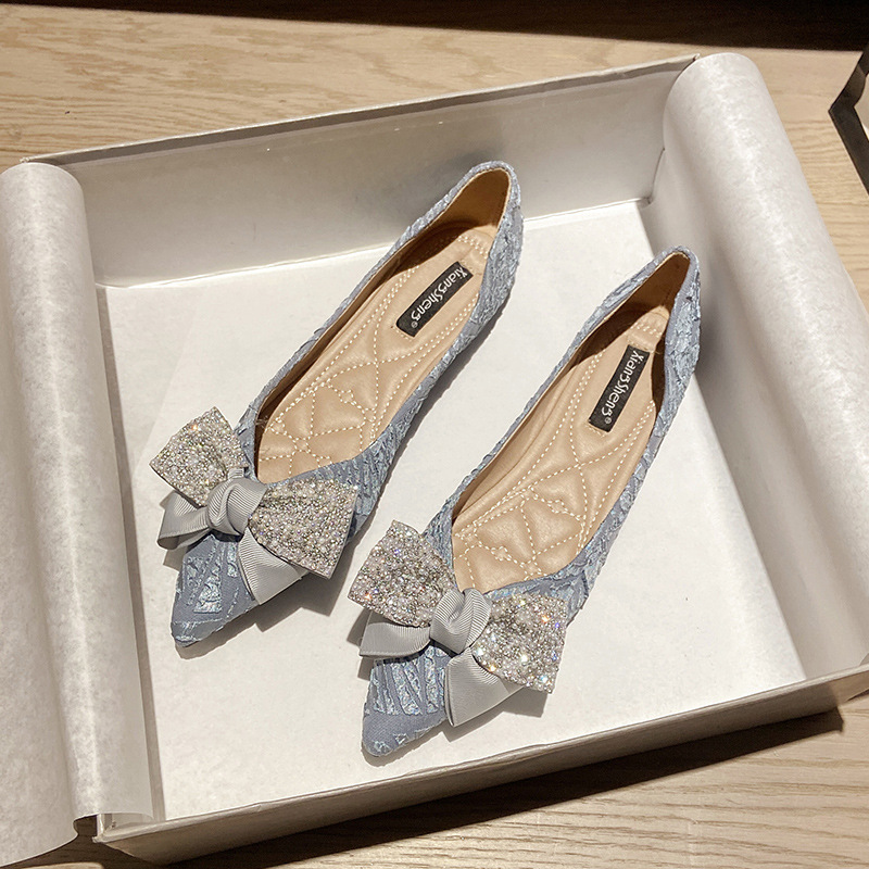 pearl with glitter bow 982d2 flat shoes woman designer tassel cloth ballet flats silk bowknot moccasin women pointy loafers New big size43