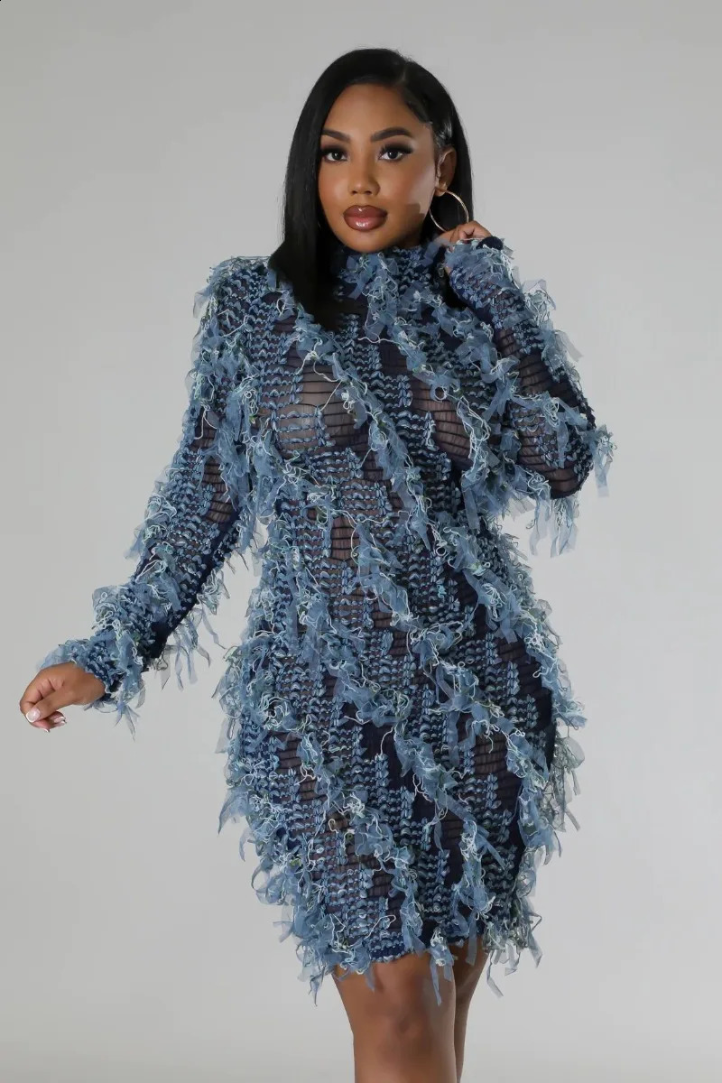 Patchwork Mesh Tassel Womens Tight Mini Dress Elastic Turtle Neck Long Sleeve Slimming Fashionable Club Party Dress Y2K Street Clothing 240902