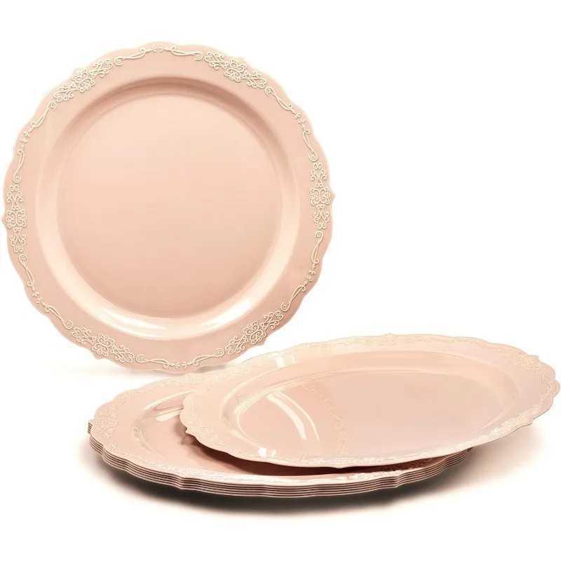 150 Pieces set(25 Guests)-Vintage Wedding Plastic Plates cutlery -Disposable Dinnerware 10 7.5 + Silverware w/double fork Y240902