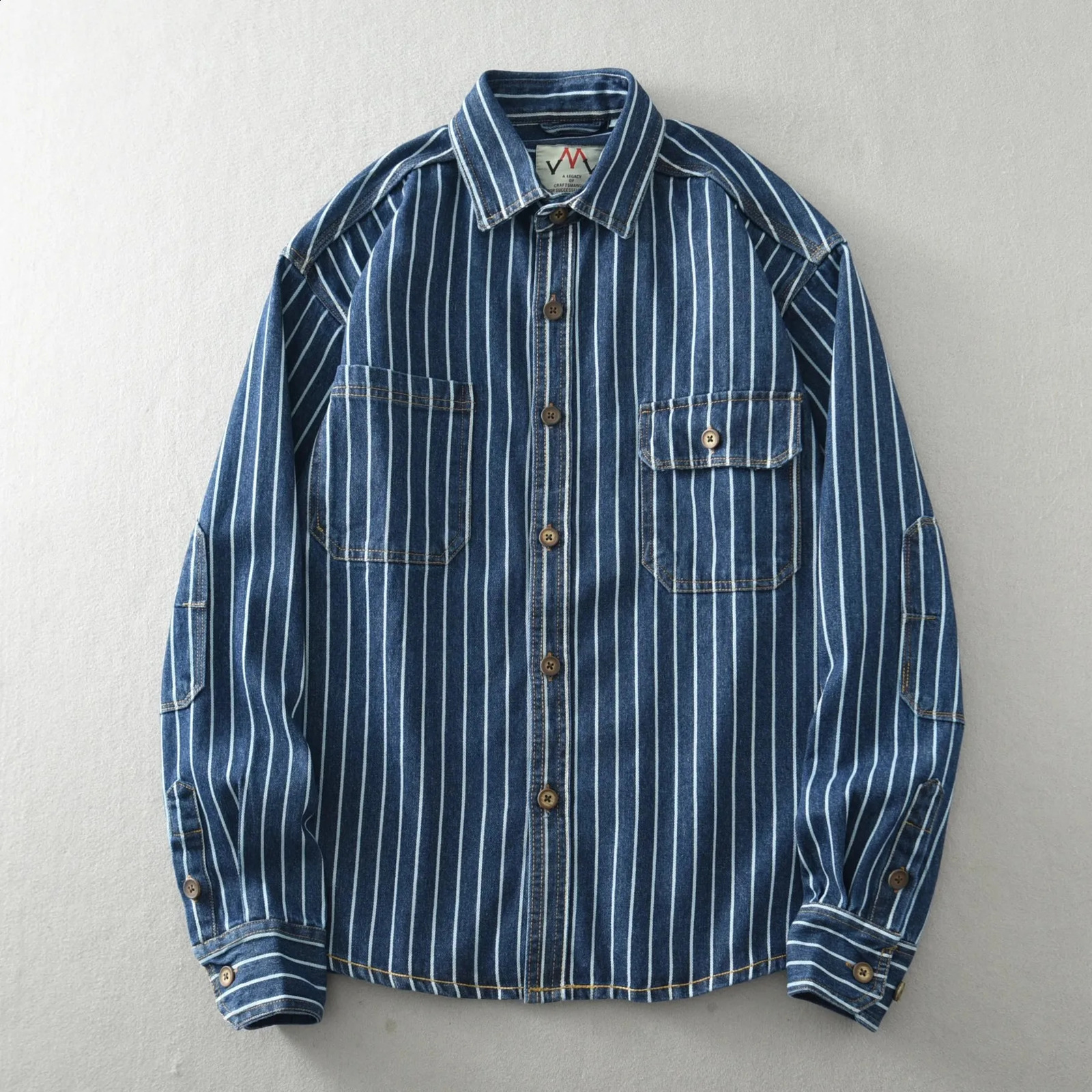 Mcikkny Men Striped Casual Denim Shirts Washed Long Sleeves Button Up Blouse Spring Autumn 240902