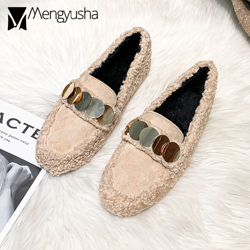 metal 55c3b gold sheet decoration lamb flats women warm plush padded winter ladies suede patchwork curly fur cotton shoes
