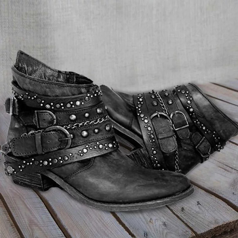 Women ankle boots low heels shoes vintage PU leather gladiator booties rivets buckle deco woman mujer zapatos botas mujer 2020