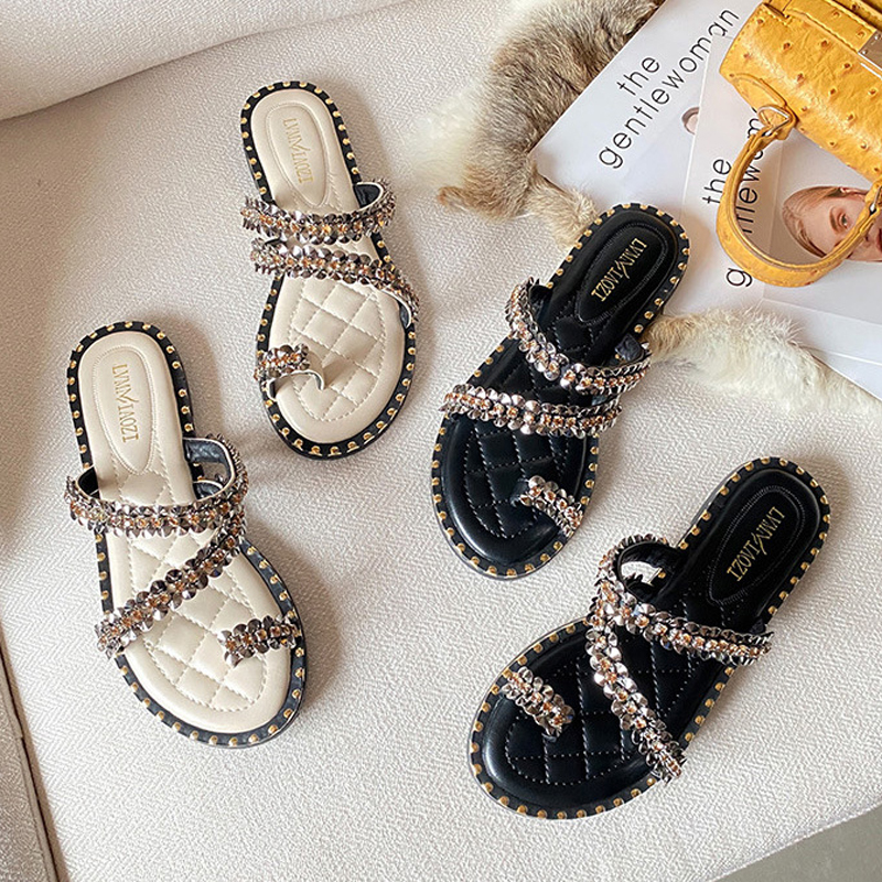 Stone Paillette Clip Toe Flipps Ladies Rivet Flats Sandals Women Big Size 34-43 Slippers Shoes Crystal Slides Sandalias Mujer 998