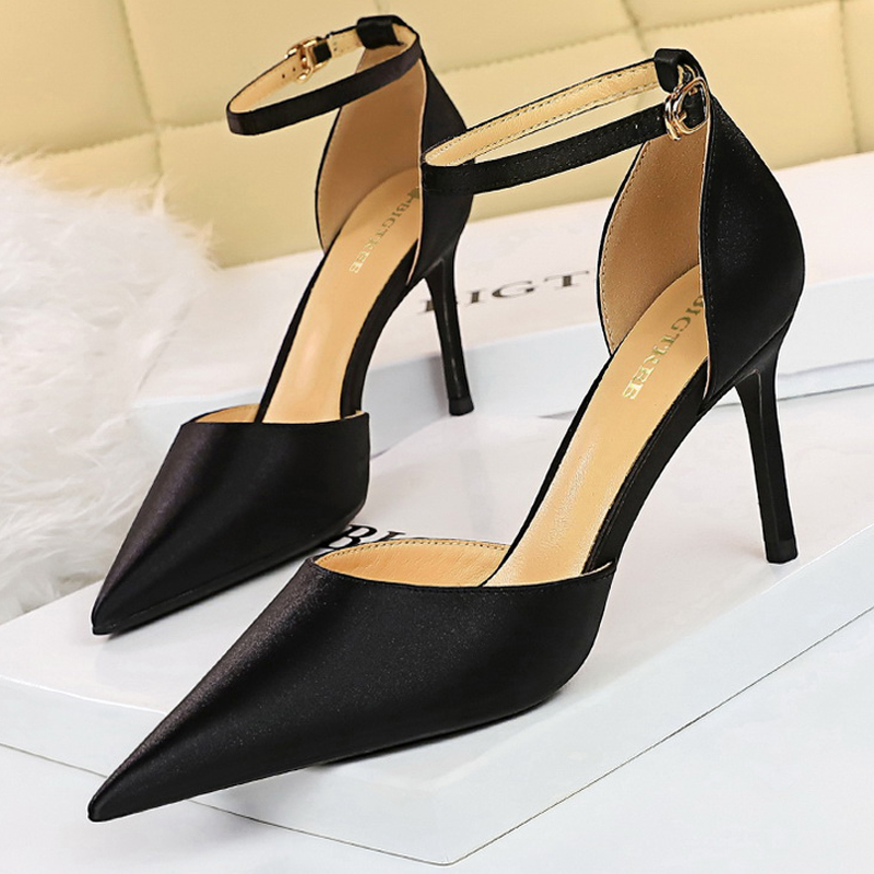 BIGTREE Shoes Summer Woman Pumps Satin Kitten Heels Fashion Wedding Shoes Stiletto Buckle High Heels Women Sandals Plus Size 43