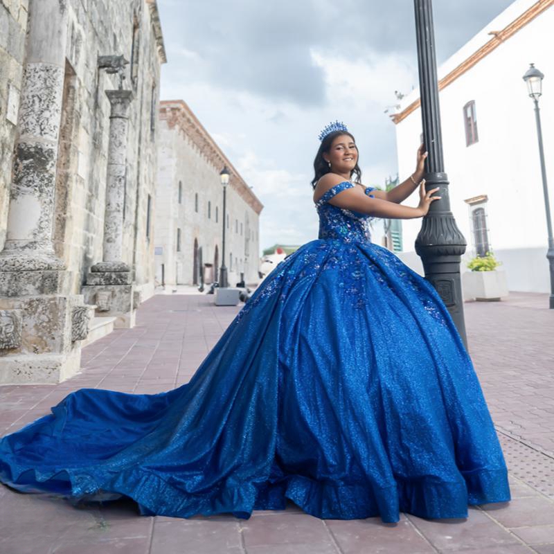 Mexican Royal Blue 2024 Quinceanera Dresses Sequin Applique Lace Beads Tull Sweet 16 Ball Gown With Cape Corset Vestidos De 15 Anos