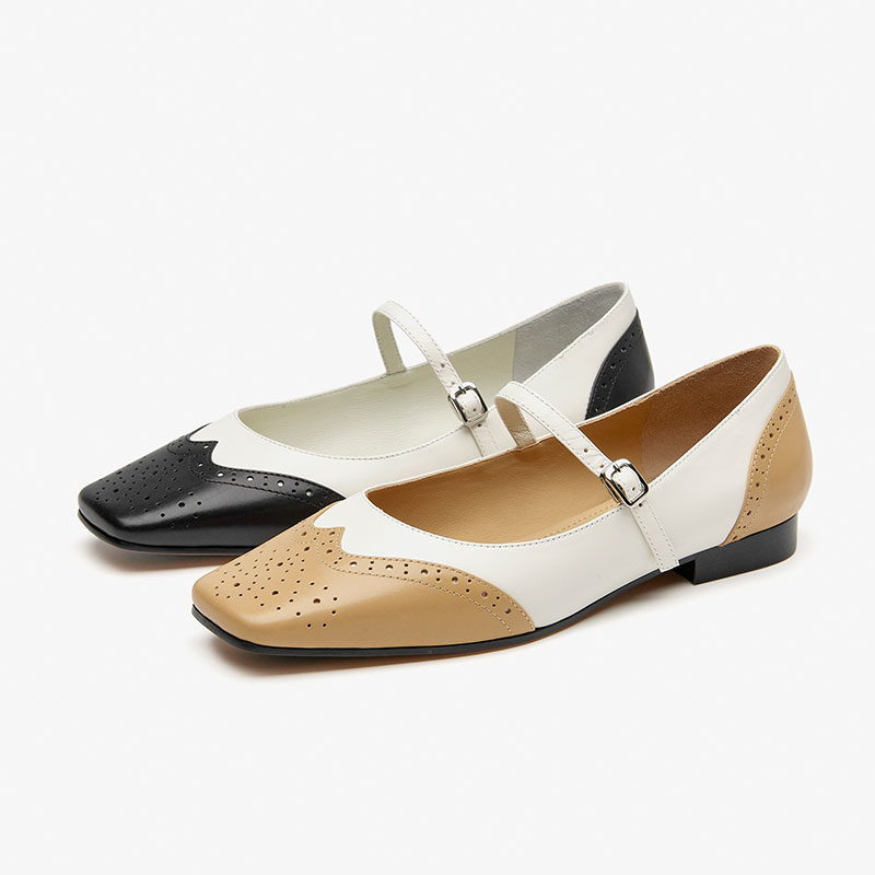 Mary BeauToday Janes Women Genuine Calfskin Leather Square Toe Brogue New Mixed Colors Buckle Strap Ladies Shoes Handmade 28289 133b