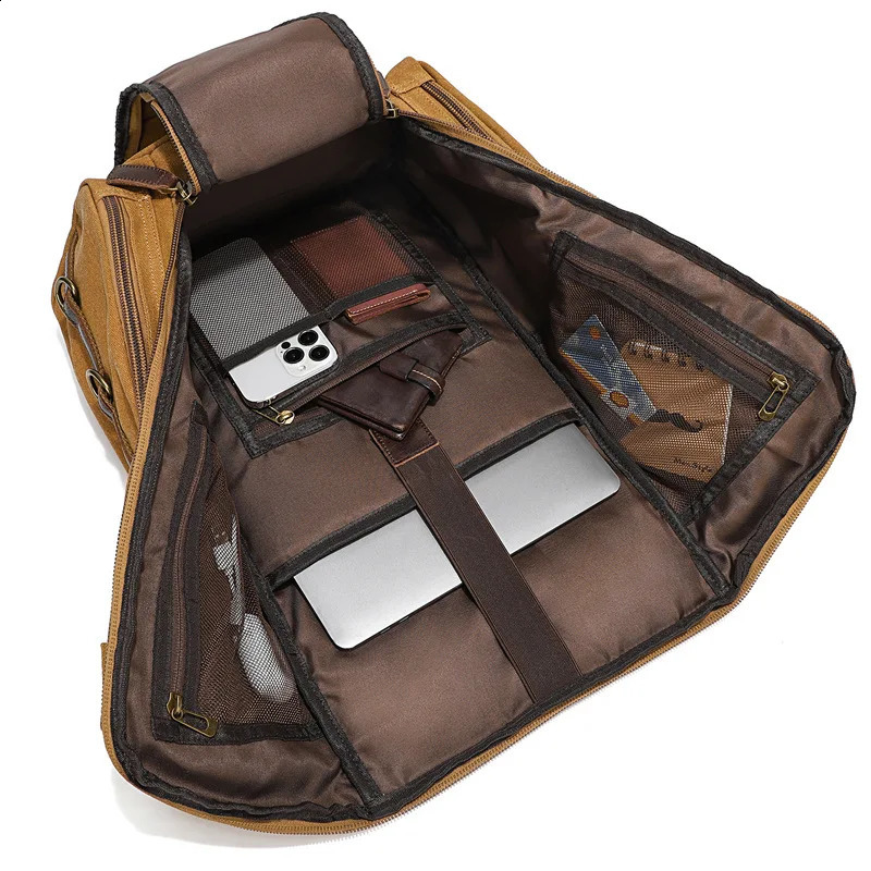 Vintage Leather Man16 inch Laptop Backpack Waxed Canvas Shoulder Rucksack Carry-On Travel Backpack for Men Women 240902
