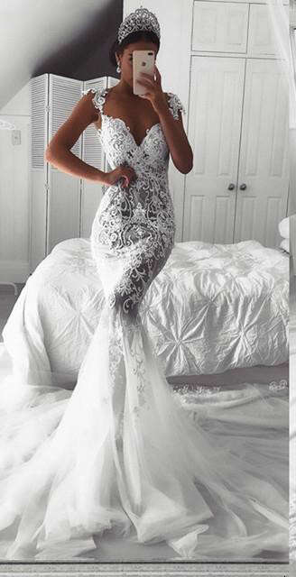 Sheer Mermaid And Buttons Back Long Beach Wedding Gowns Sweep Train Bride Dress Vestido De Novia