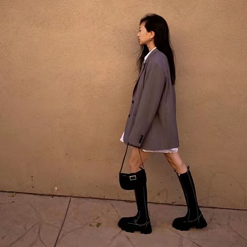 Gothic Platform 2022 Long Women Knee High Shoes Black Mid Calf Round Toe Slip on Riding Boots 7d49