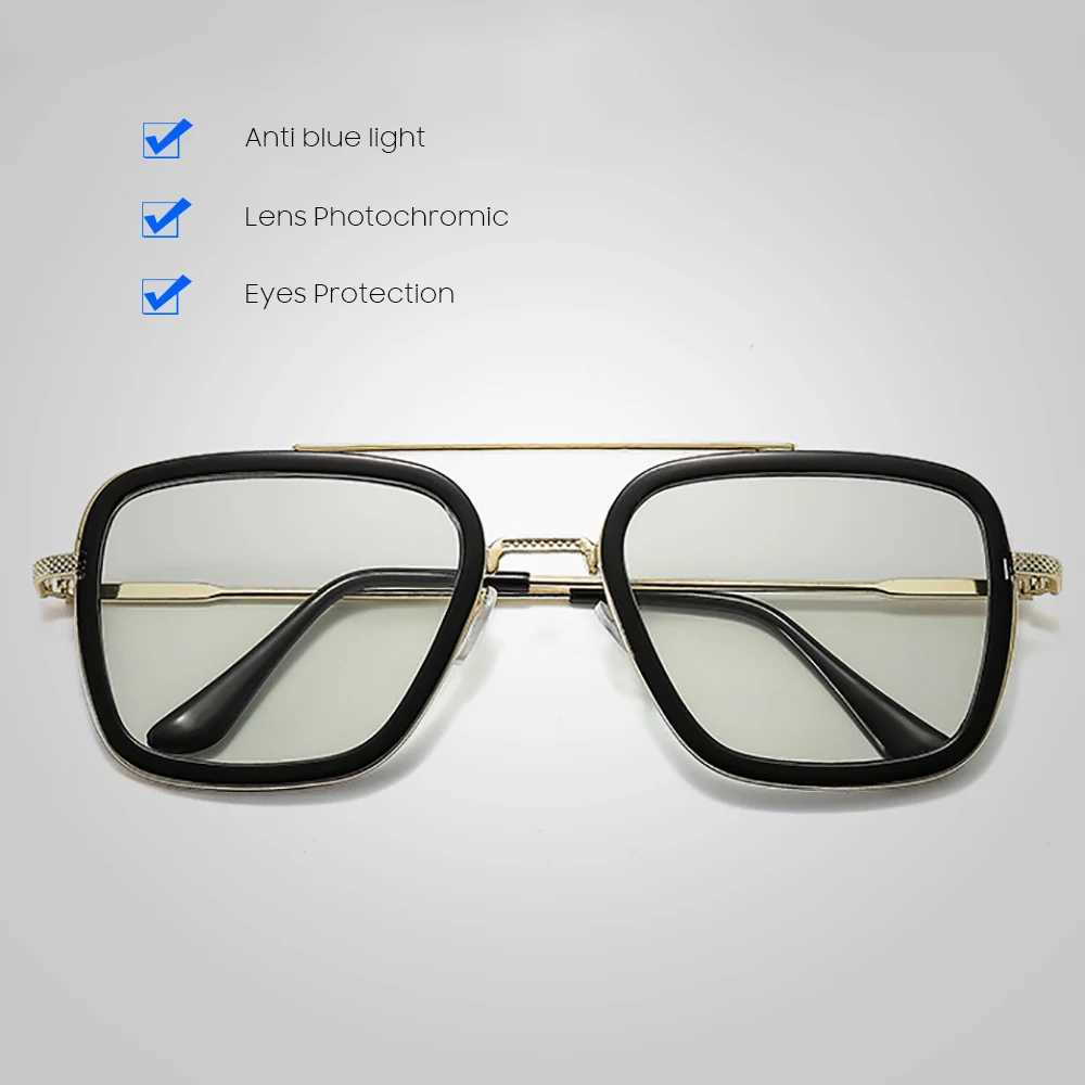 Square photochromic glasses for men anti blue light blocking glasses computer light retro unisex Tony Stark glasses M240902