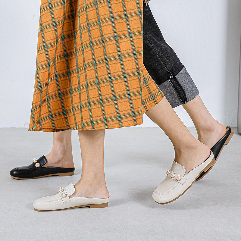 Mules Pearl Rivets Slippers for Women, Square Toe Leather Slides, Outdoor Footwear, Designer Beaded Big Size 43 4