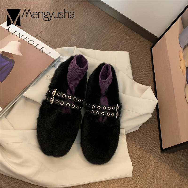 3347f shoes Winter Cotton for women ballerina cozy cotton loafers warm plush moccasins woman double studs buckle belt fur flats 2023