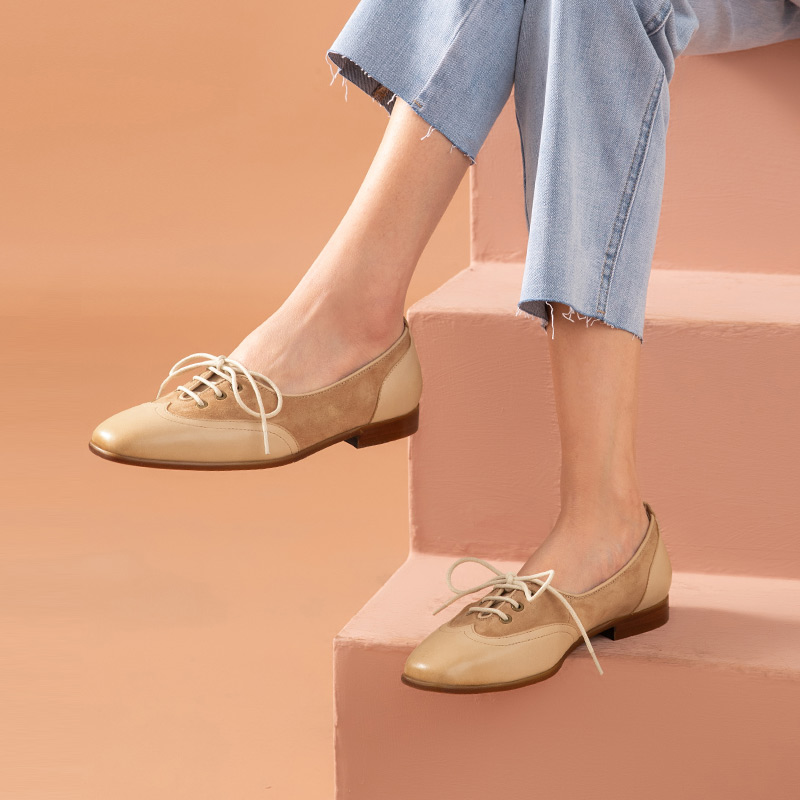 Calfskin & Suede Leather Square Toe Lace Up Flats Casual Shoes for Women 4